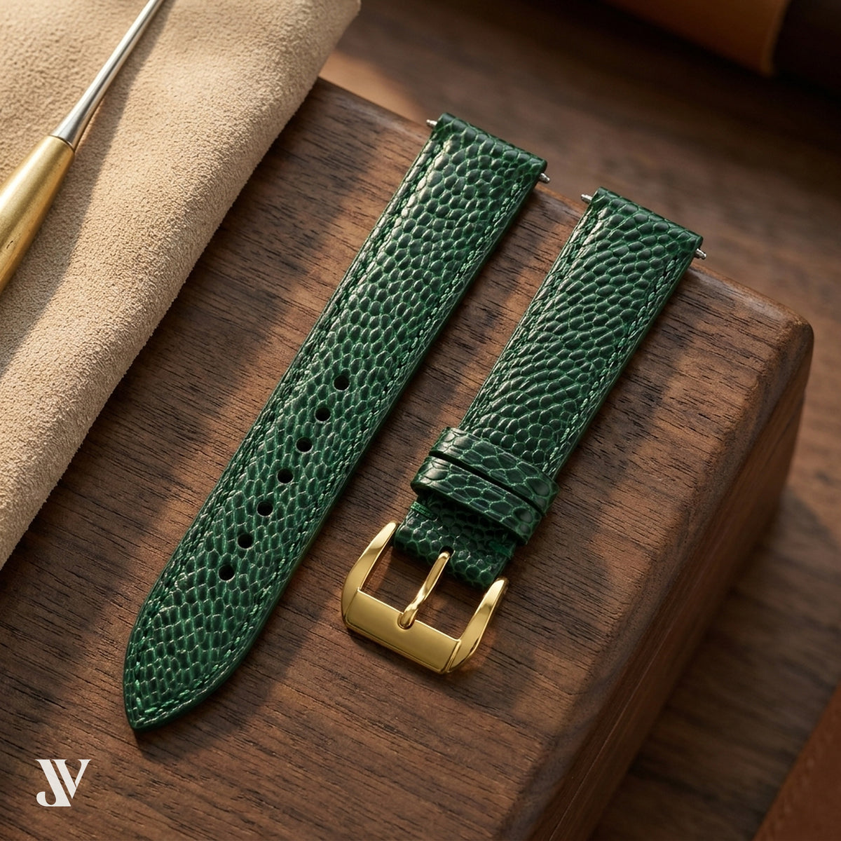 Dark Green Ostrich Leg Leather Watch Strap — styled scene