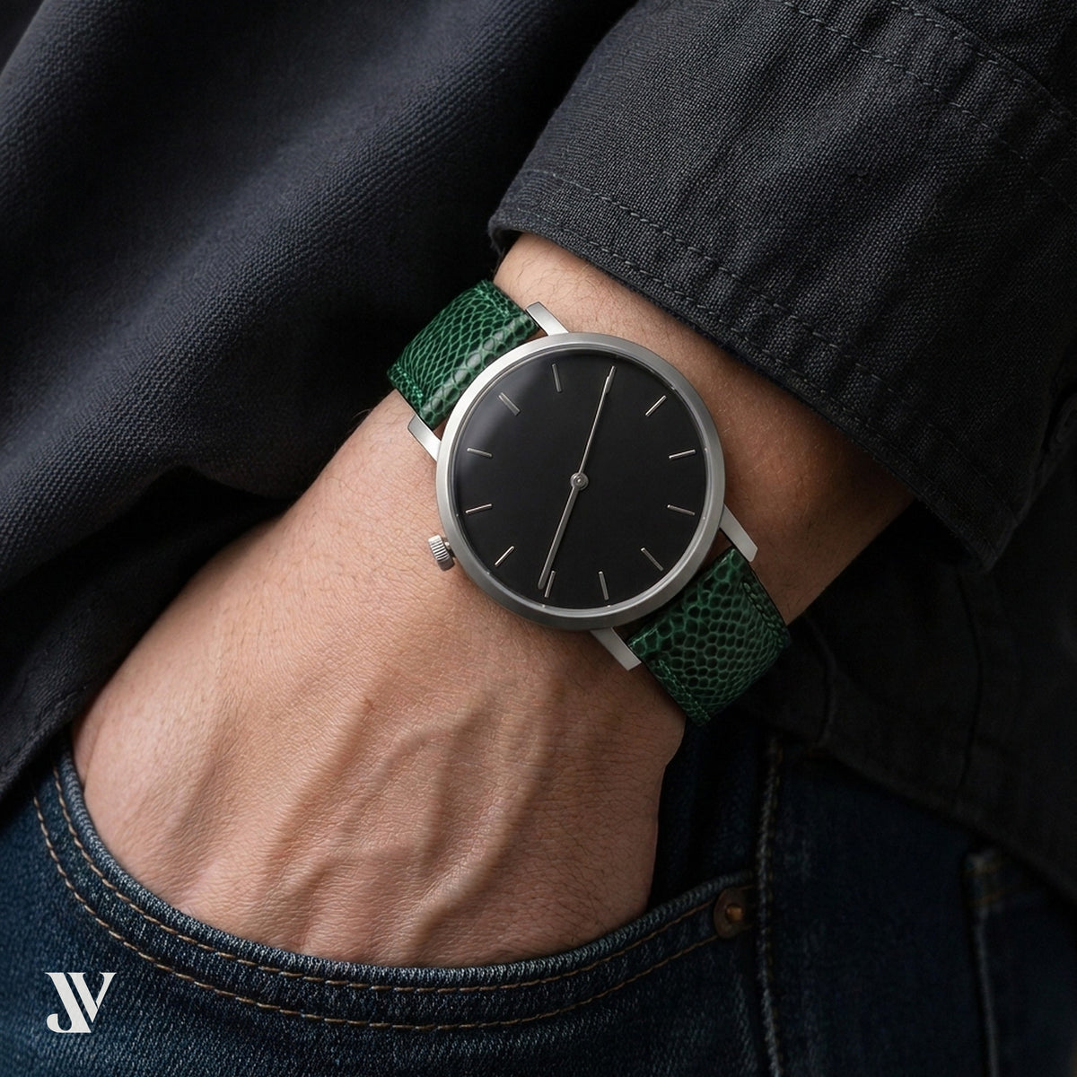 Dark Green Ostrich Leg Leather Watch Strap — shown on watch
