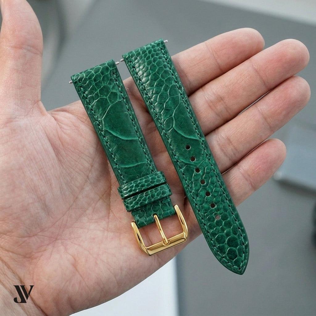 Dark Green Ostrich Leg Leather Watch Strap — shown on watch