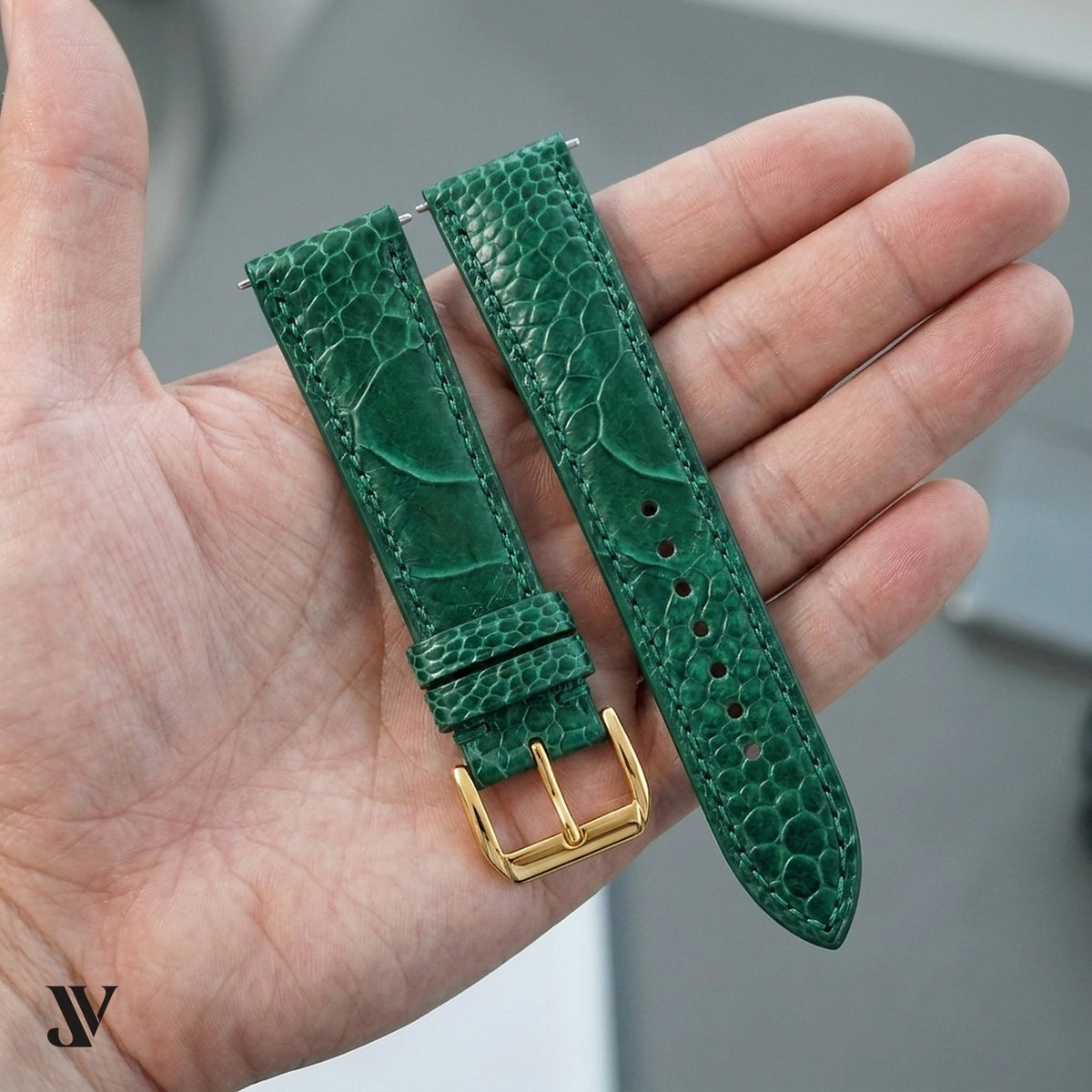 Dark Green Ostrich Leg Leather Watch Strap — shown on watch
