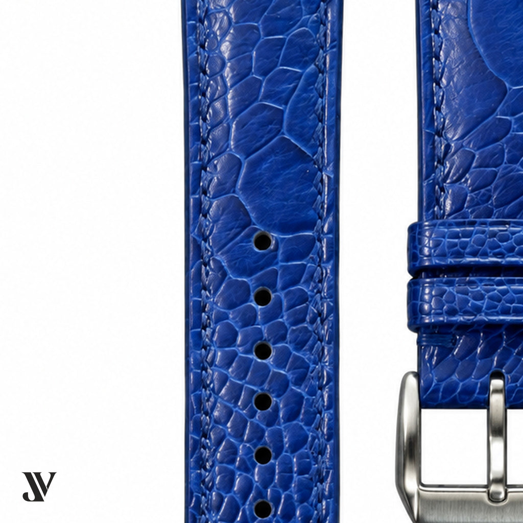 Royal Blue Ostrich Leg Leather Watch Strap — stitching detail
