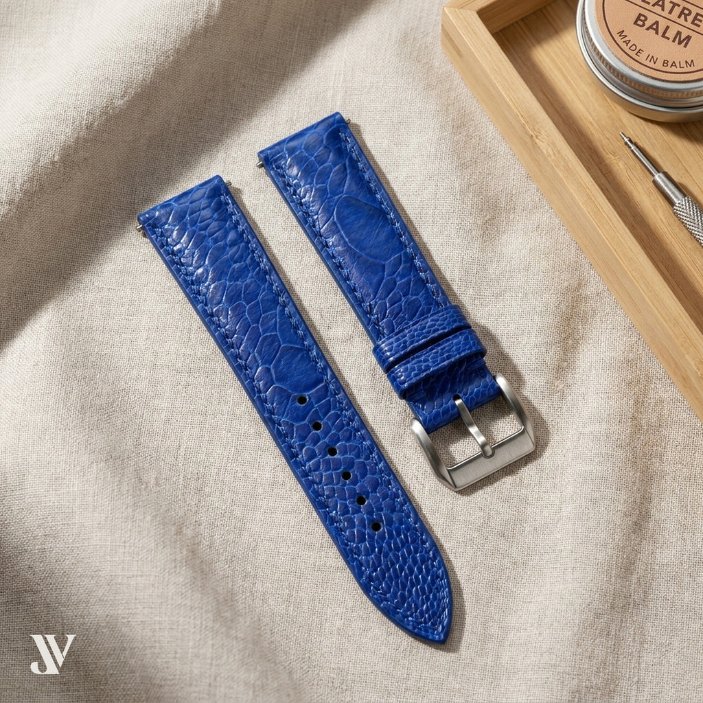 Royal Blue Ostrich Leg Leather Watch Strap — styled scene