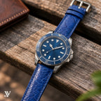 Royal Blue Ostrich Leg Leather Watch Strap — shown on watch