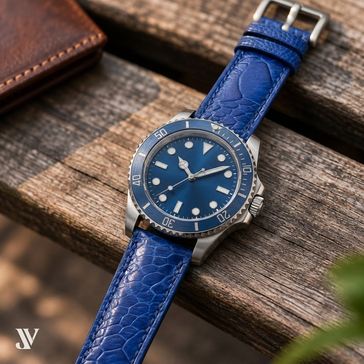 Royal Blue Ostrich Leg Leather Watch Strap — shown on watch