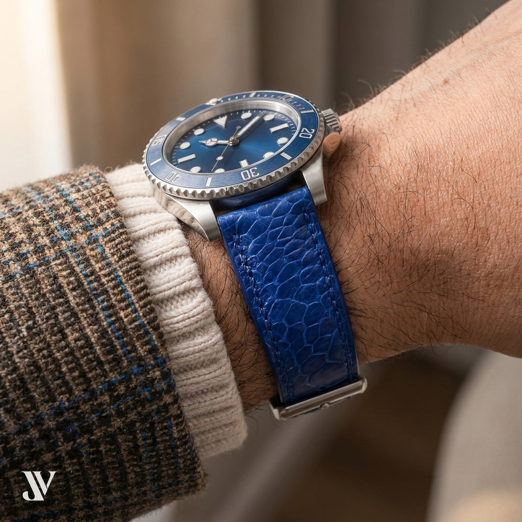 Royal Blue Ostrich Leg Leather Watch Strap — shown on watch