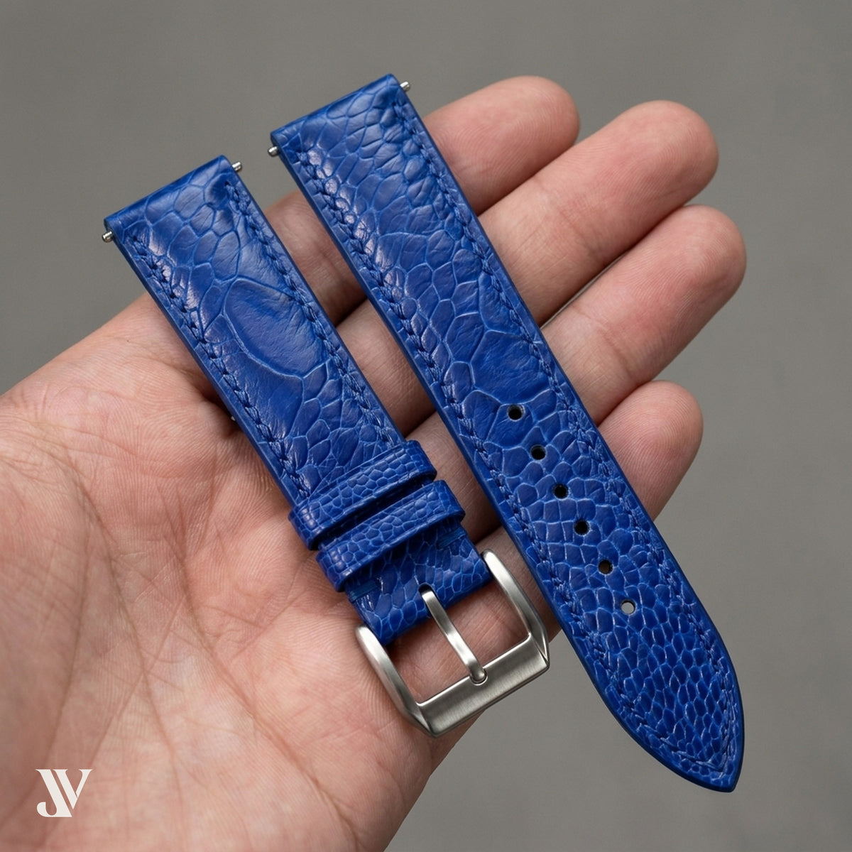 Royal Blue Ostrich Leg Leather Watch Strap — shown on watch