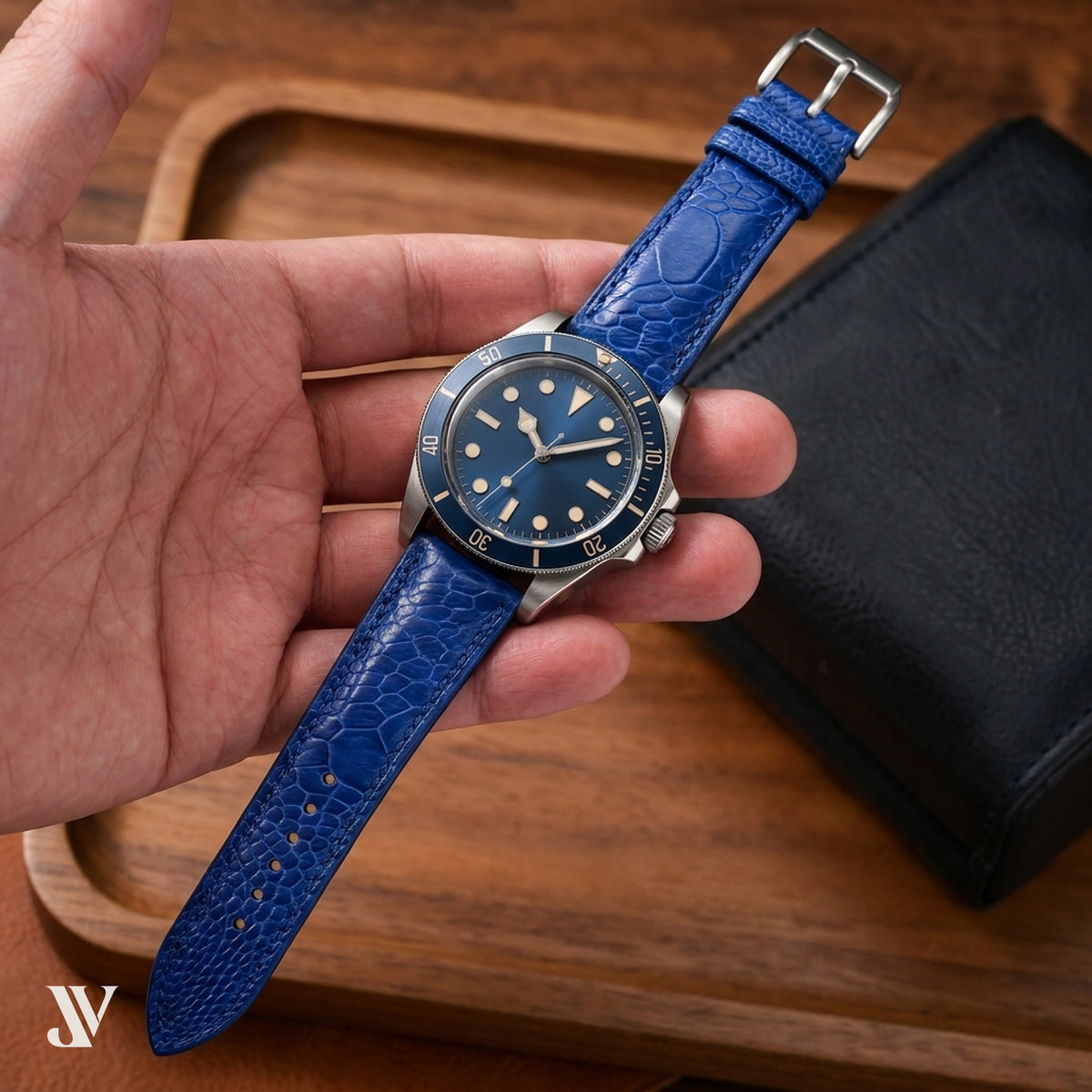Royal Blue Ostrich Leg Leather Watch Strap — shown on watch