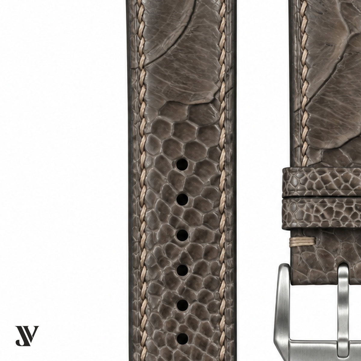 Taupe Ostrich Leg Leather Watch Strap — stitching detail
