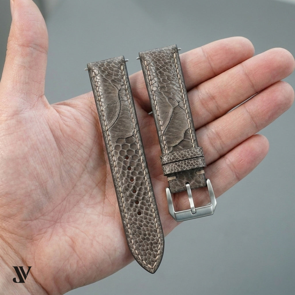 Taupe Ostrich Leg Leather Watch Strap — shown on watch