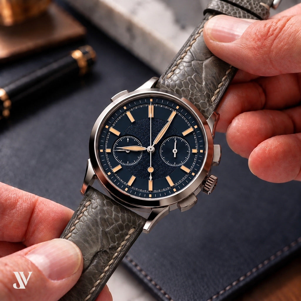 Taupe Ostrich Leg Leather Watch Strap — shown on watch