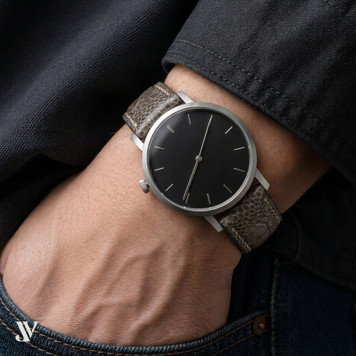 Taupe Ostrich Leg Leather Watch Strap — shown on watch