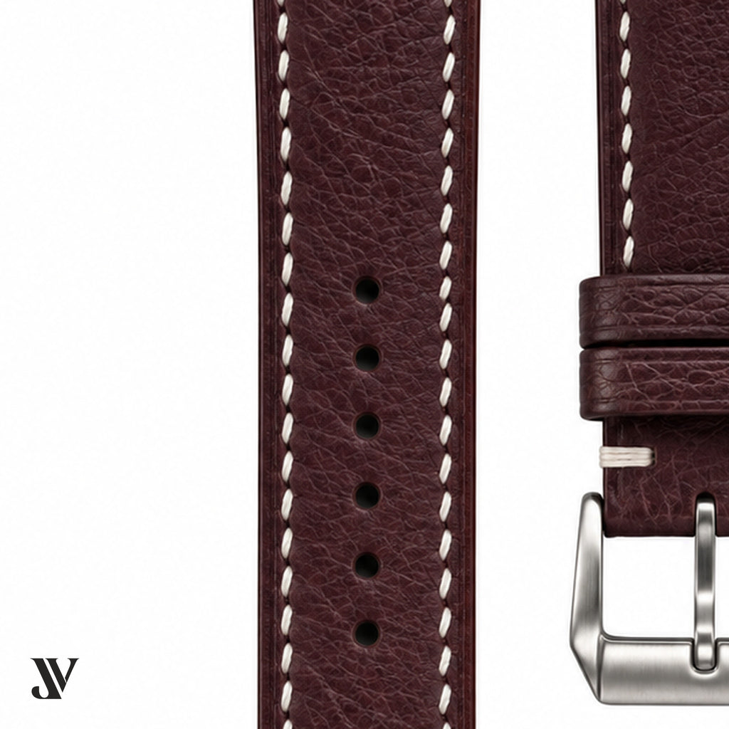 Burgundy Ostrich Leather Watch Strap — stitching detail