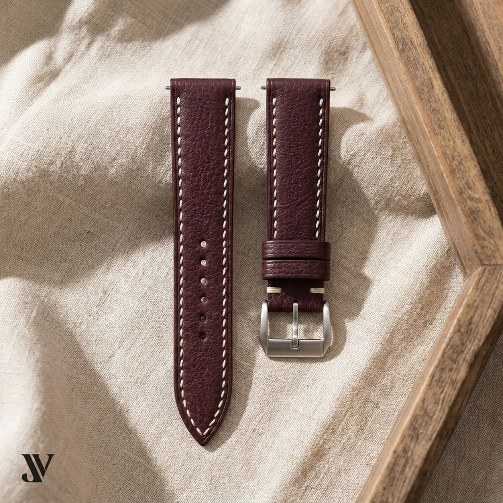 Burgundy Ostrich Leather Watch Strap — styled scene