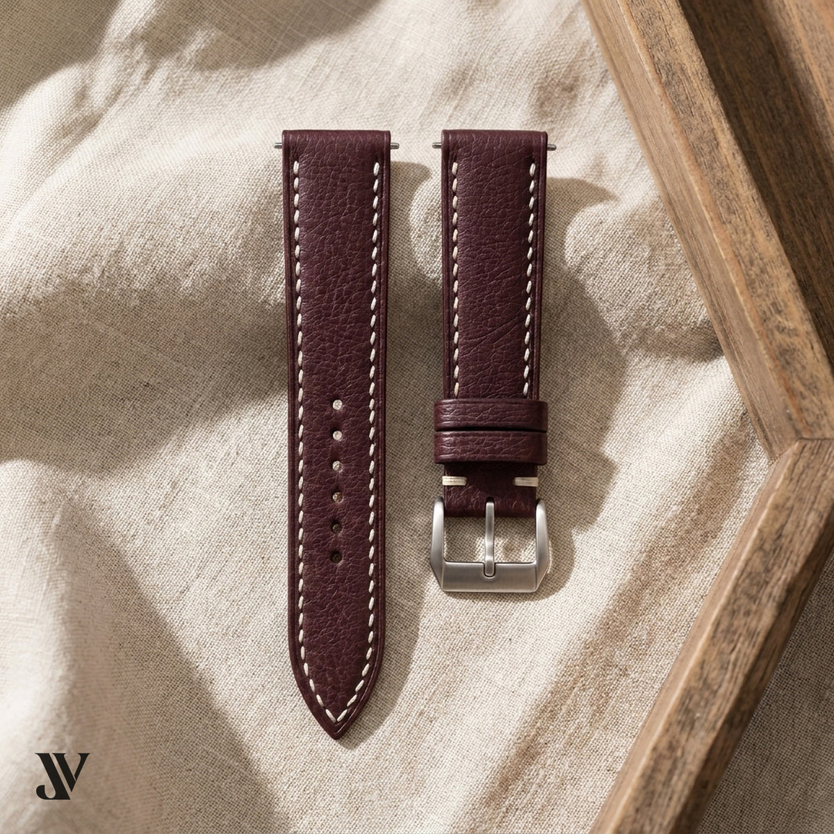 Burgundy Ostrich Leather Watch Strap — styled scene