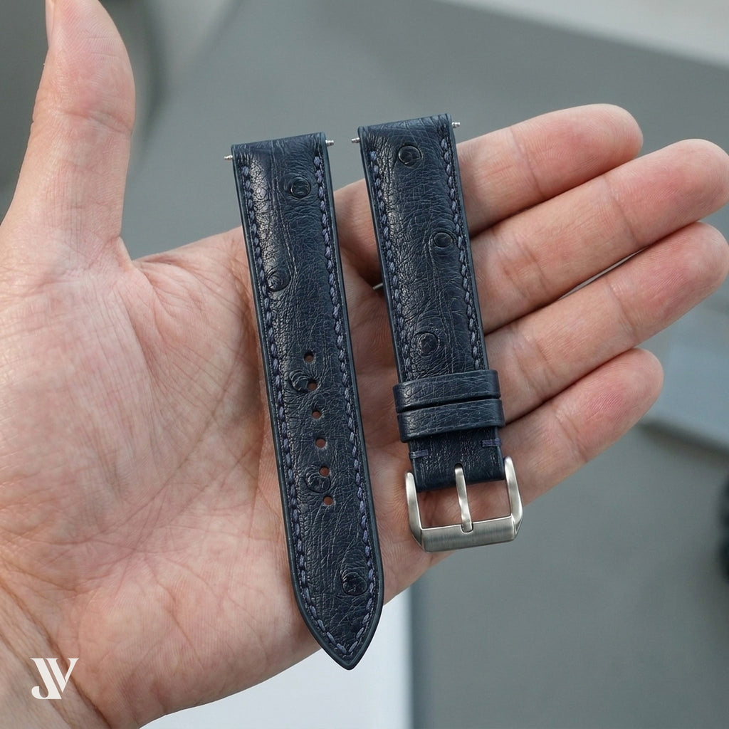 Dark Navy Ostrich Leather Watch Strap — shown on watch