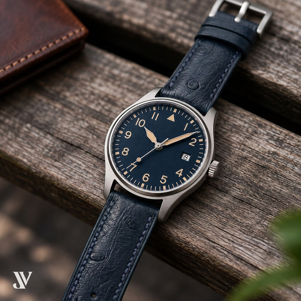 Dark Navy Ostrich Leather Watch Strap — shown on watch
