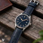 Dark Navy Ostrich Leather Watch Strap — shown on watch
