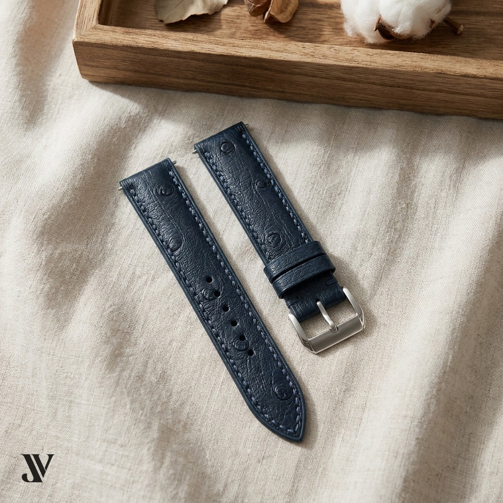 Dark Navy Ostrich Leather Watch Strap — styled scene