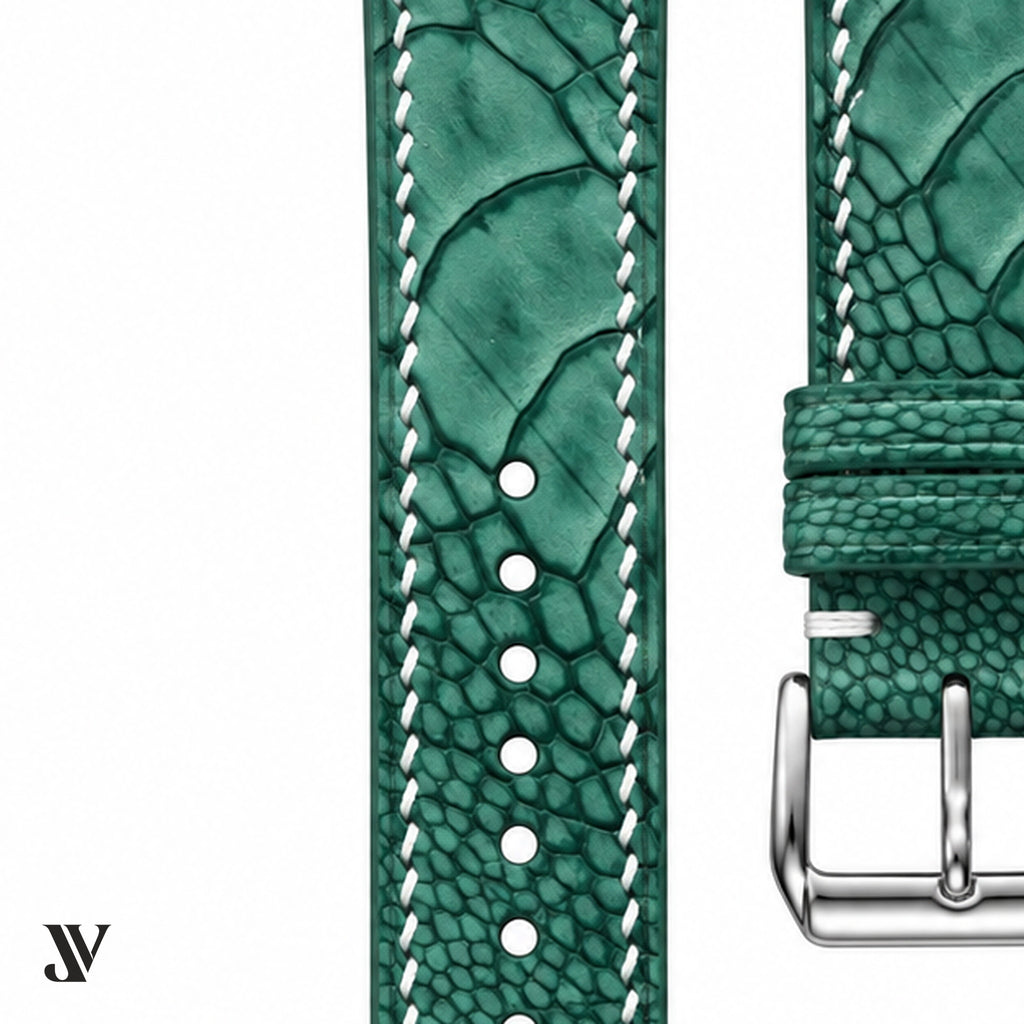 Green Ostrich Leg Leather Watch Strap — stitching detail