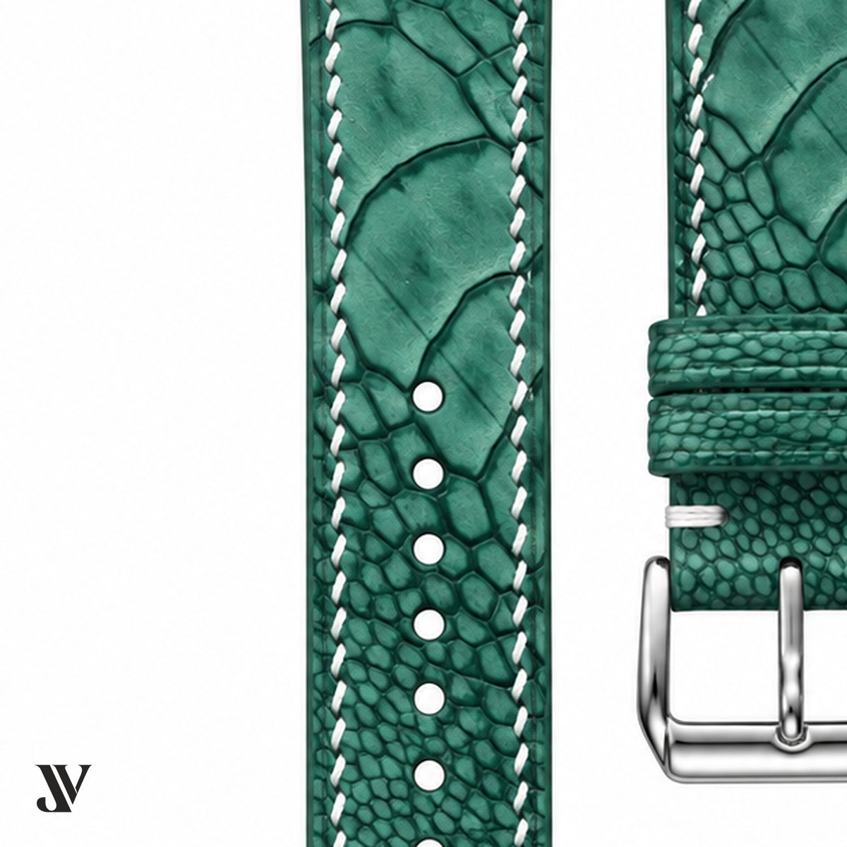 Green Ostrich Leg Leather Watch Strap — stitching detail