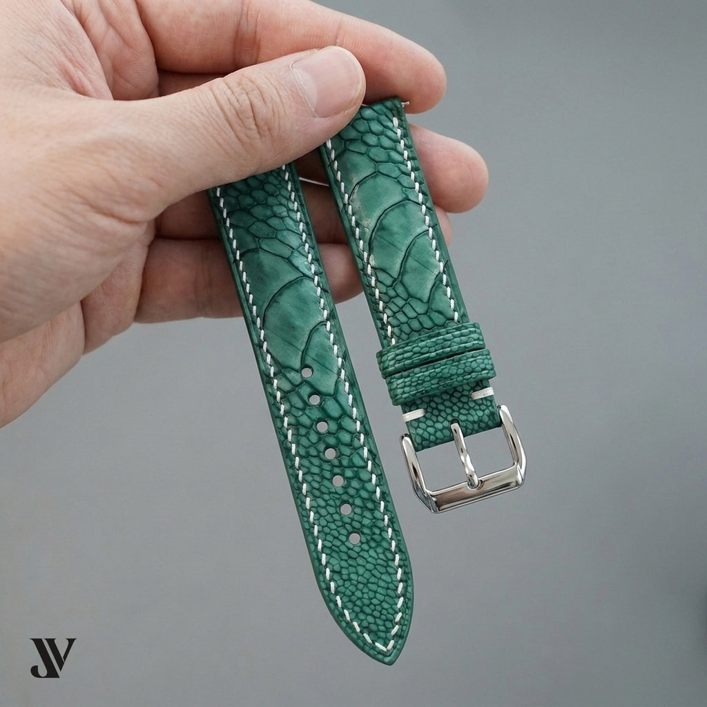 Green Ostrich Leg Leather Watch Strap — shown on watch