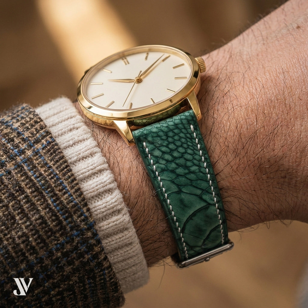 Green Ostrich Leg Leather Watch Strap — shown on watch