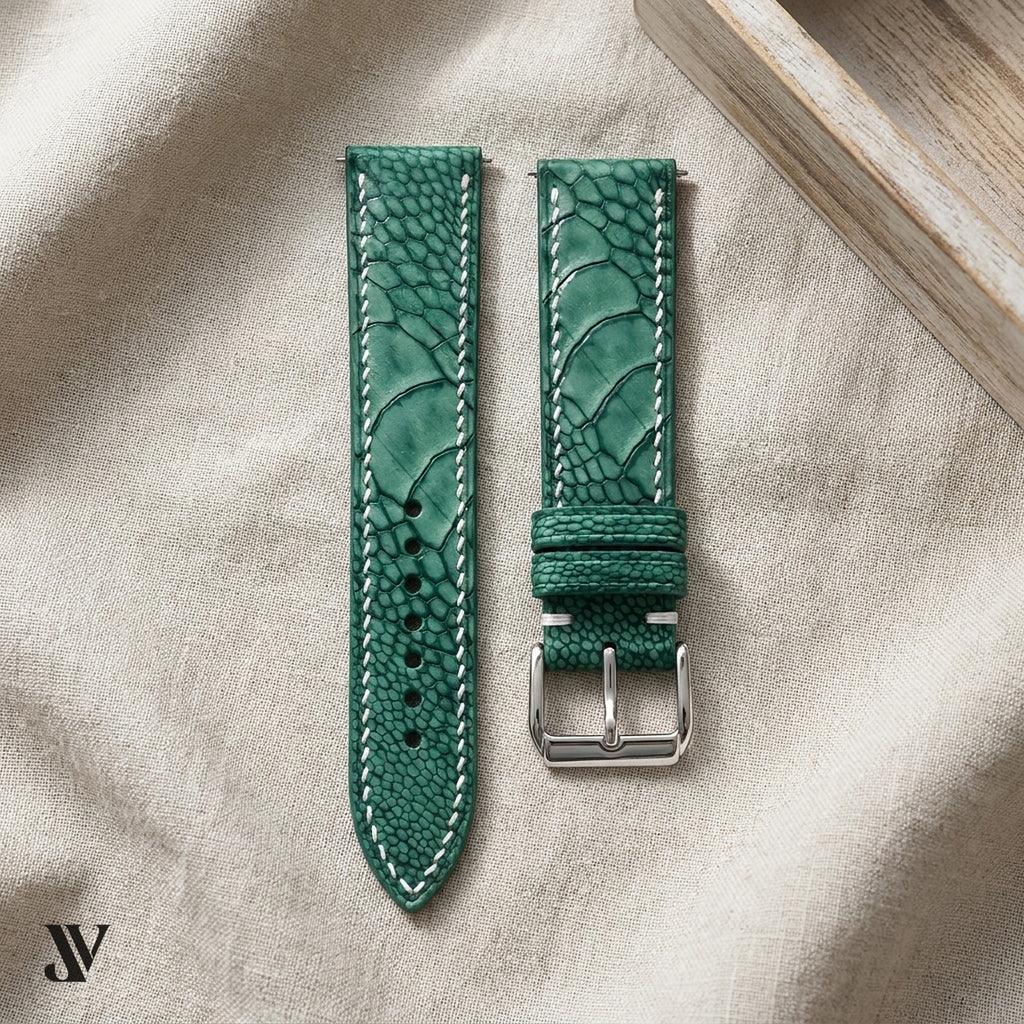 Green Ostrich Leg Leather Watch Strap — styled scene