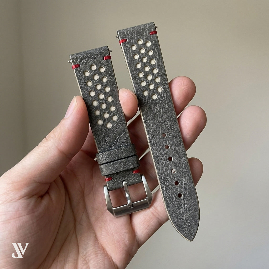 Gray Pale Yellow Ostrich Leather Watch Strap — shown on watch