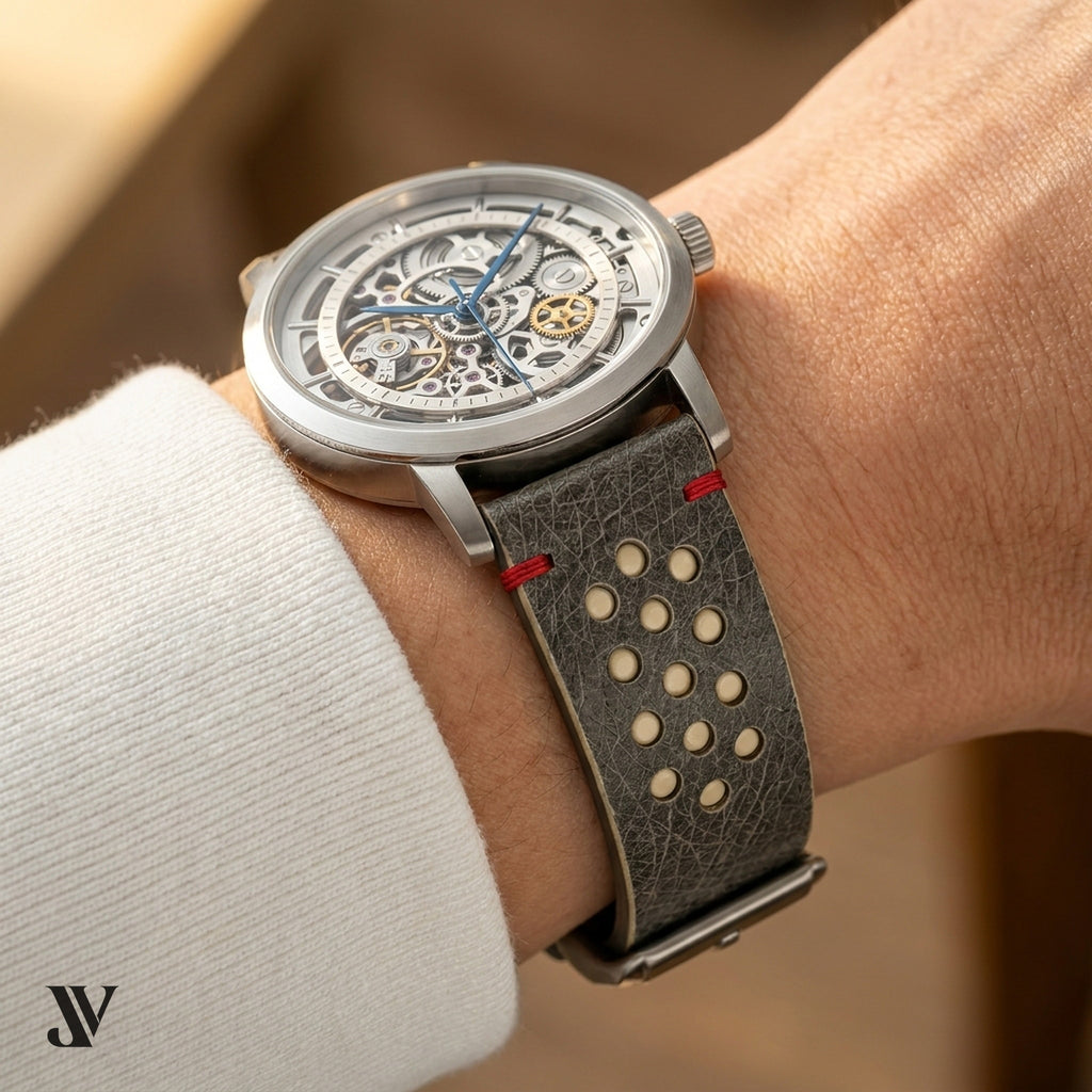 Gray Pale Yellow Ostrich Leather Watch Strap — shown on watch