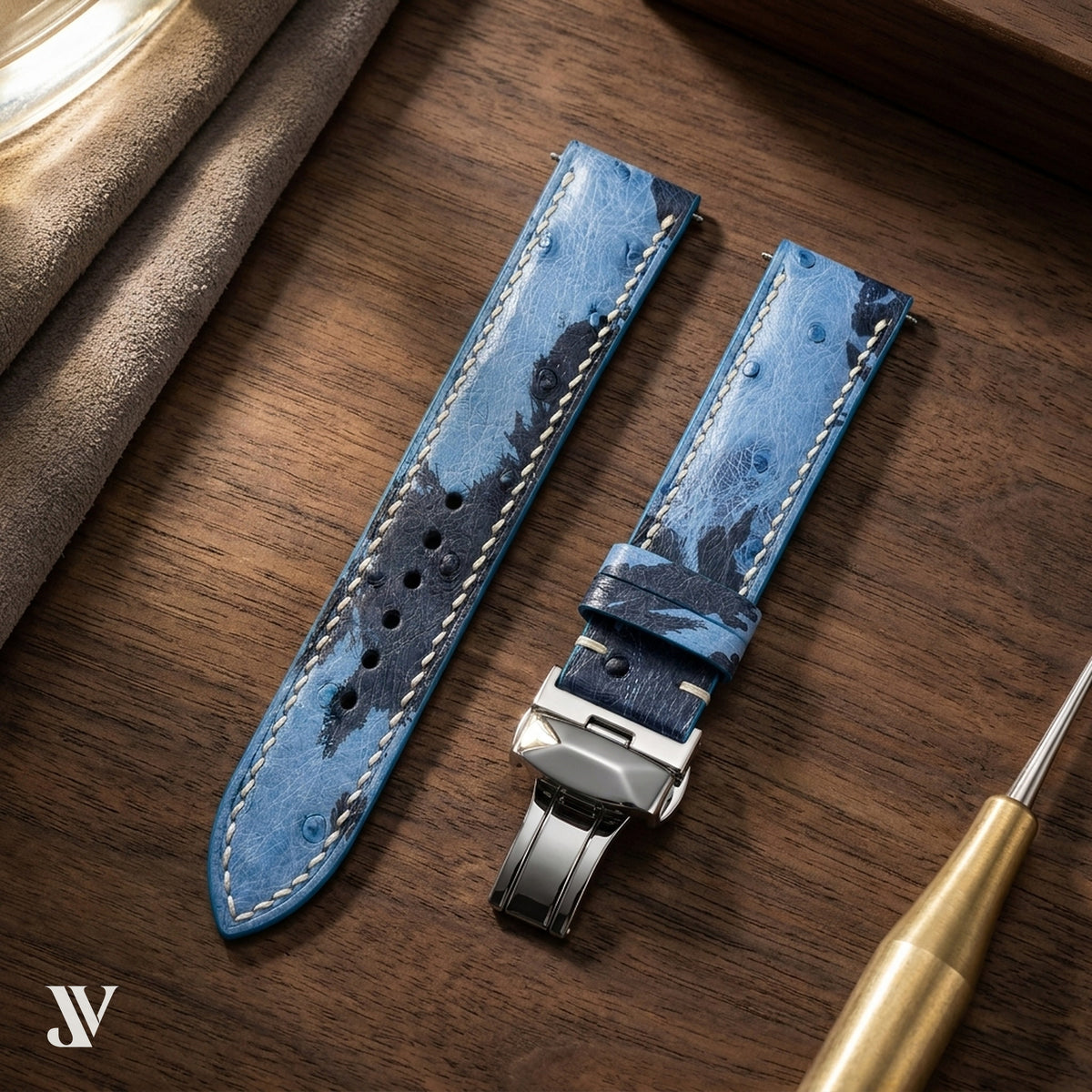 Blue Camo Ostrich Leather Watch Strap — styled scene