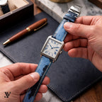 Blue Camo Ostrich Leather Watch Strap — shown on watch