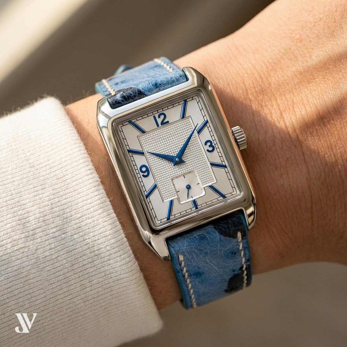 Blue Camo Ostrich Leather Watch Strap — shown on watch