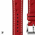 Red Ostrich Leather Watch Strap - Custom Made to Order — stitching detail