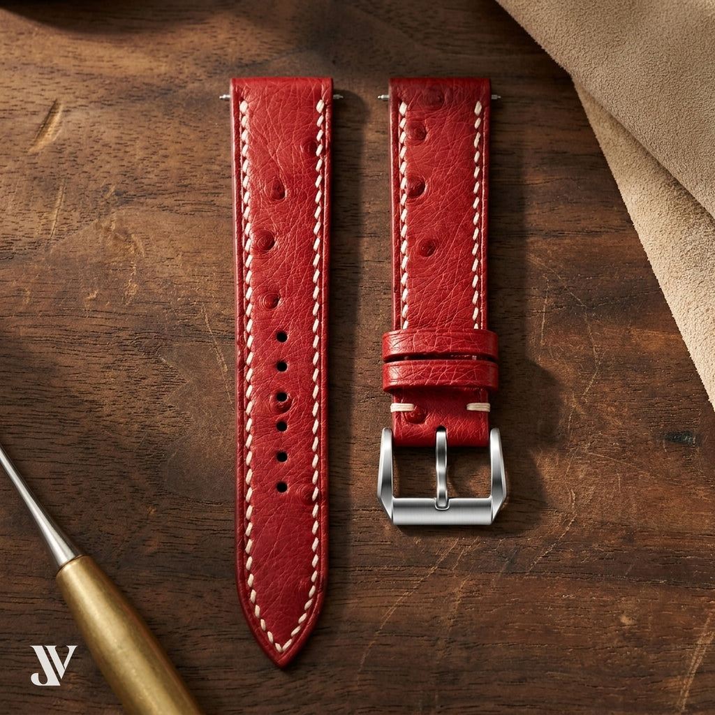 Red Ostrich Leather Watch Strap - Custom Made to Order — styled scene