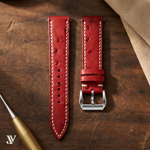 Red Ostrich Leather Watch Strap - Custom Made to Order — styled scene