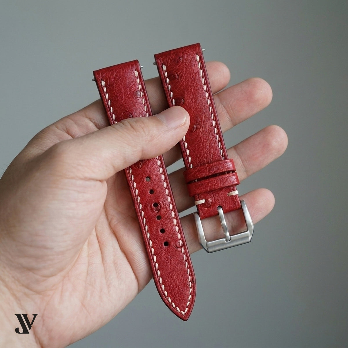 Red Ostrich Leather Watch Strap - Custom Made to Order — shown on watch