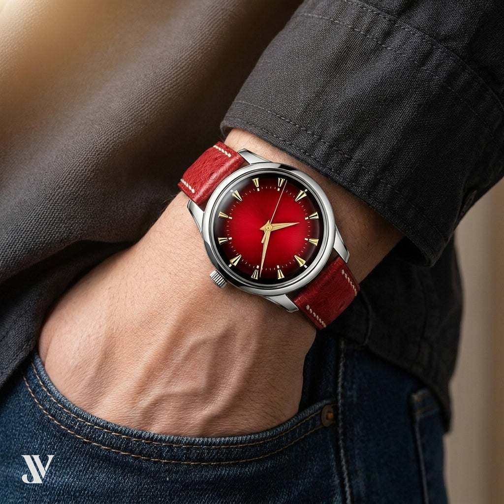Red Ostrich Leather Watch Strap - Custom Made to Order — shown on watch
