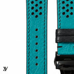 Turquoise Smooth Ostrich Leather Rally Watch Strap — stitching detail