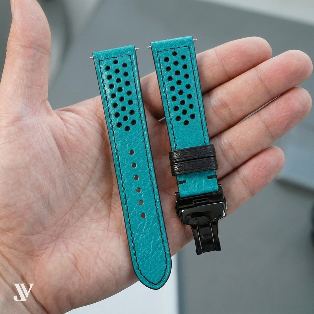 Turquoise Smooth Ostrich Leather Rally Watch Strap — shown on watch