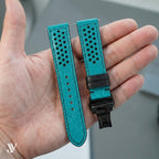Turquoise Smooth Ostrich Leather Rally Watch Strap — shown on watch