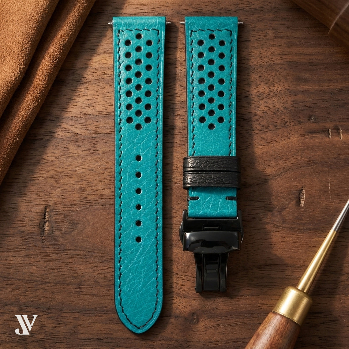 Turquoise Smooth Ostrich Leather Rally Watch Strap — styled scene