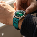 Turquoise Smooth Ostrich Leather Rally Watch Strap — shown on watch