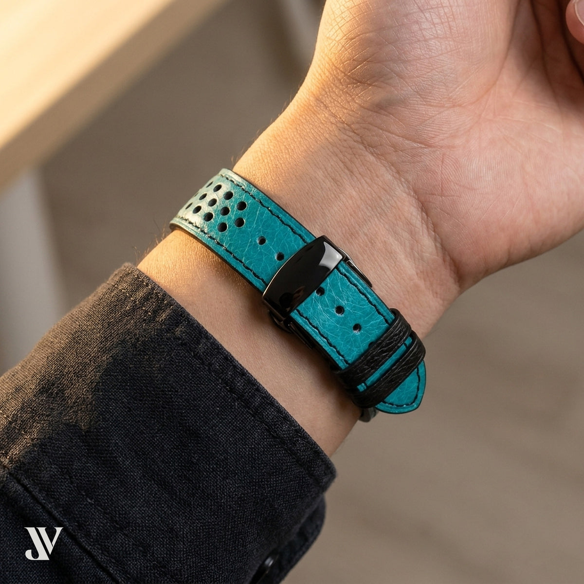 Turquoise Smooth Ostrich Leather Rally Watch Strap — shown on watch