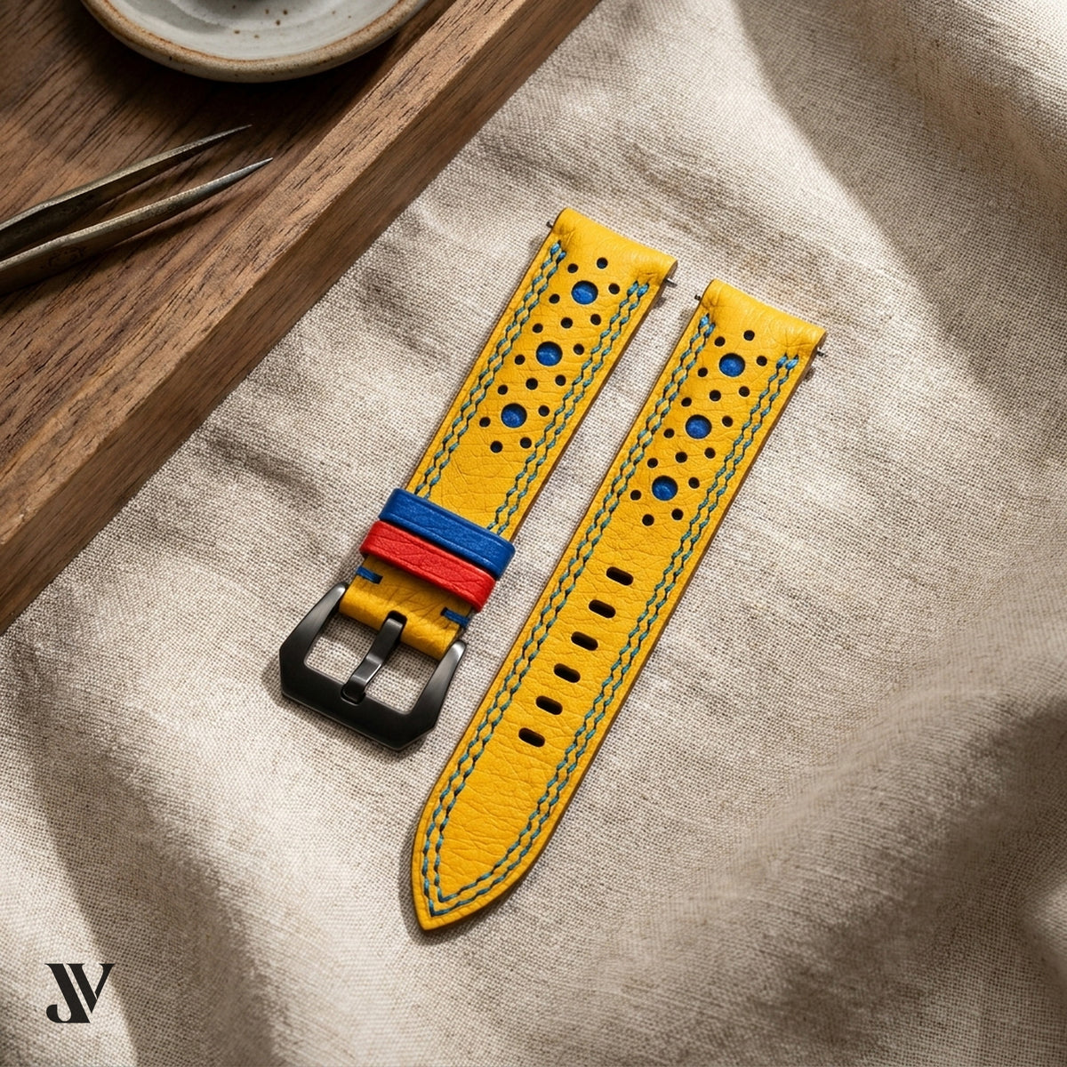 Yellow Blue Ostrich Leather Watch Strap — styled scene