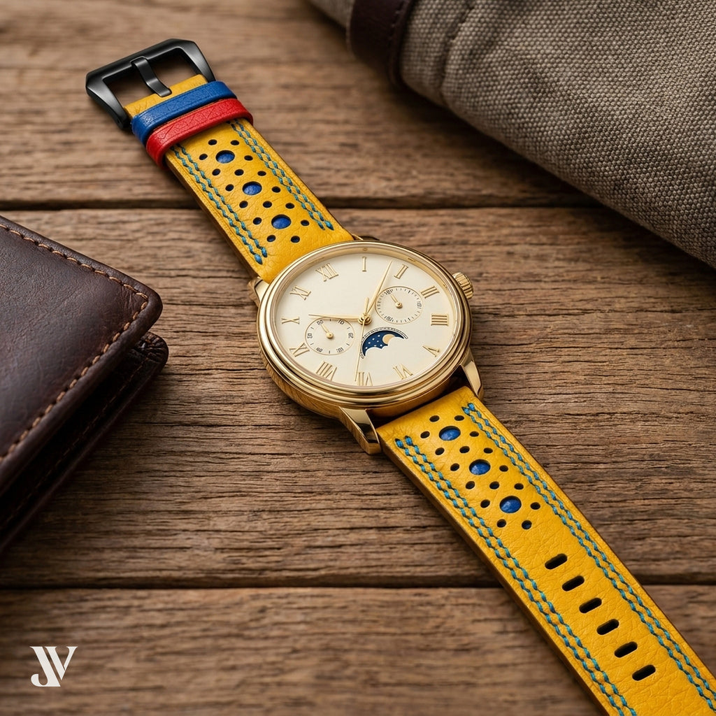 Yellow Blue Ostrich Leather Watch Strap — shown on watch