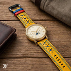 Yellow Blue Ostrich Leather Watch Strap — shown on watch