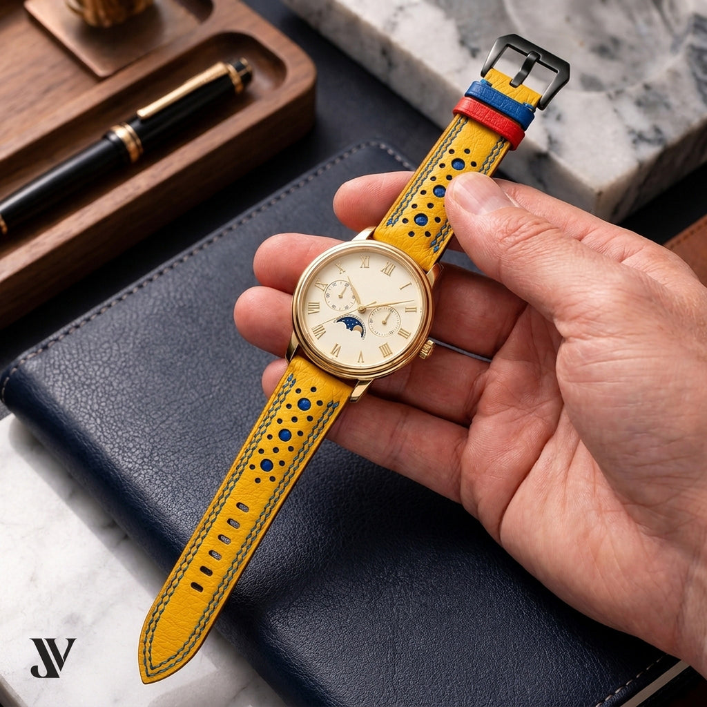 Yellow Blue Ostrich Leather Watch Strap — shown on watch