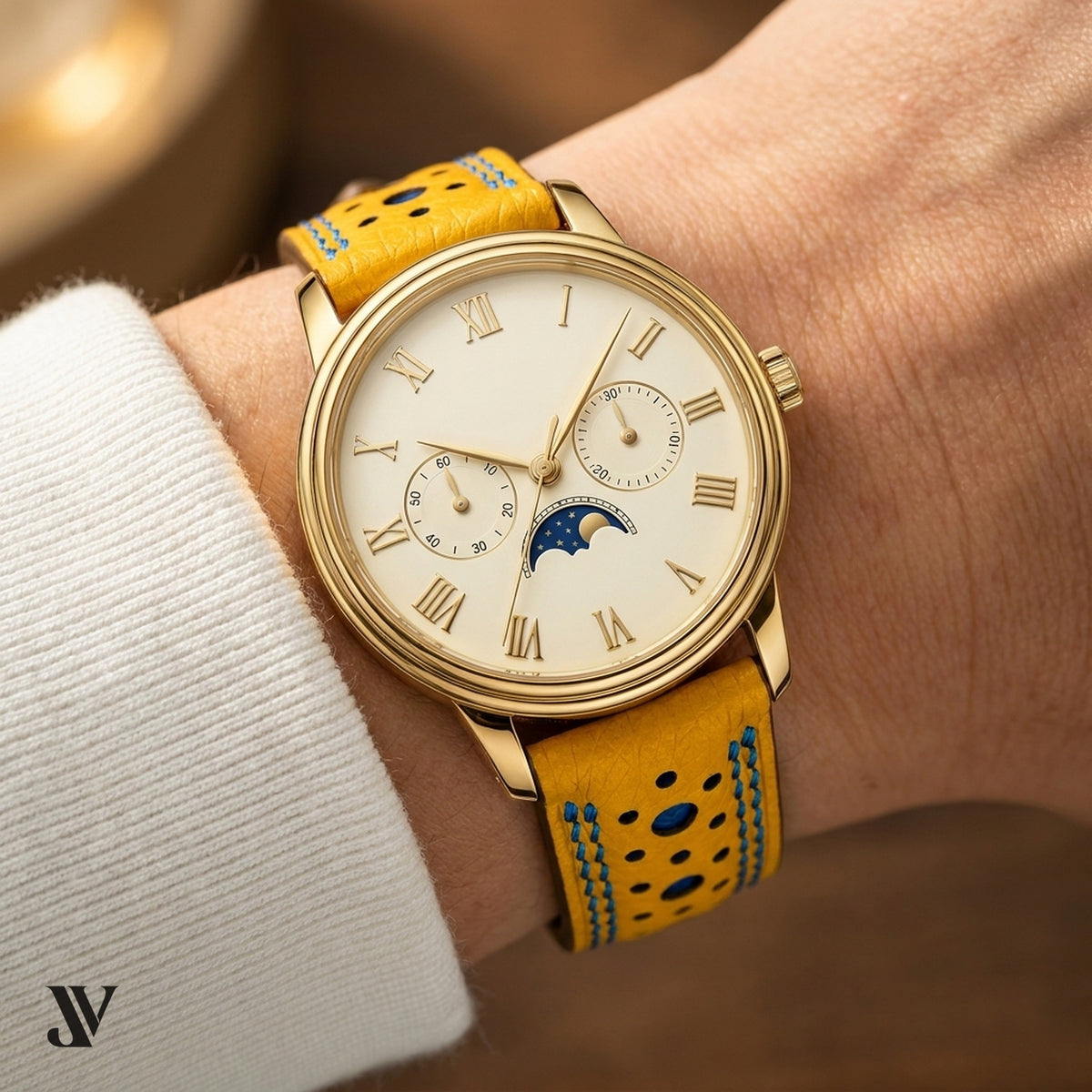 Yellow Blue Ostrich Leather Watch Strap — shown on watch