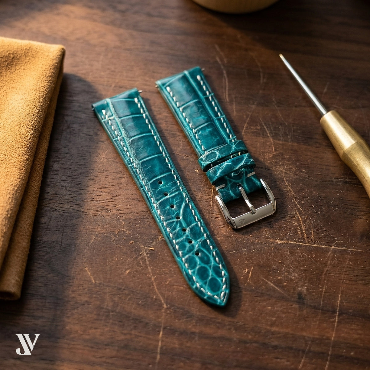 Aqua Patina Alligator Leather Watch Strap — styled scene