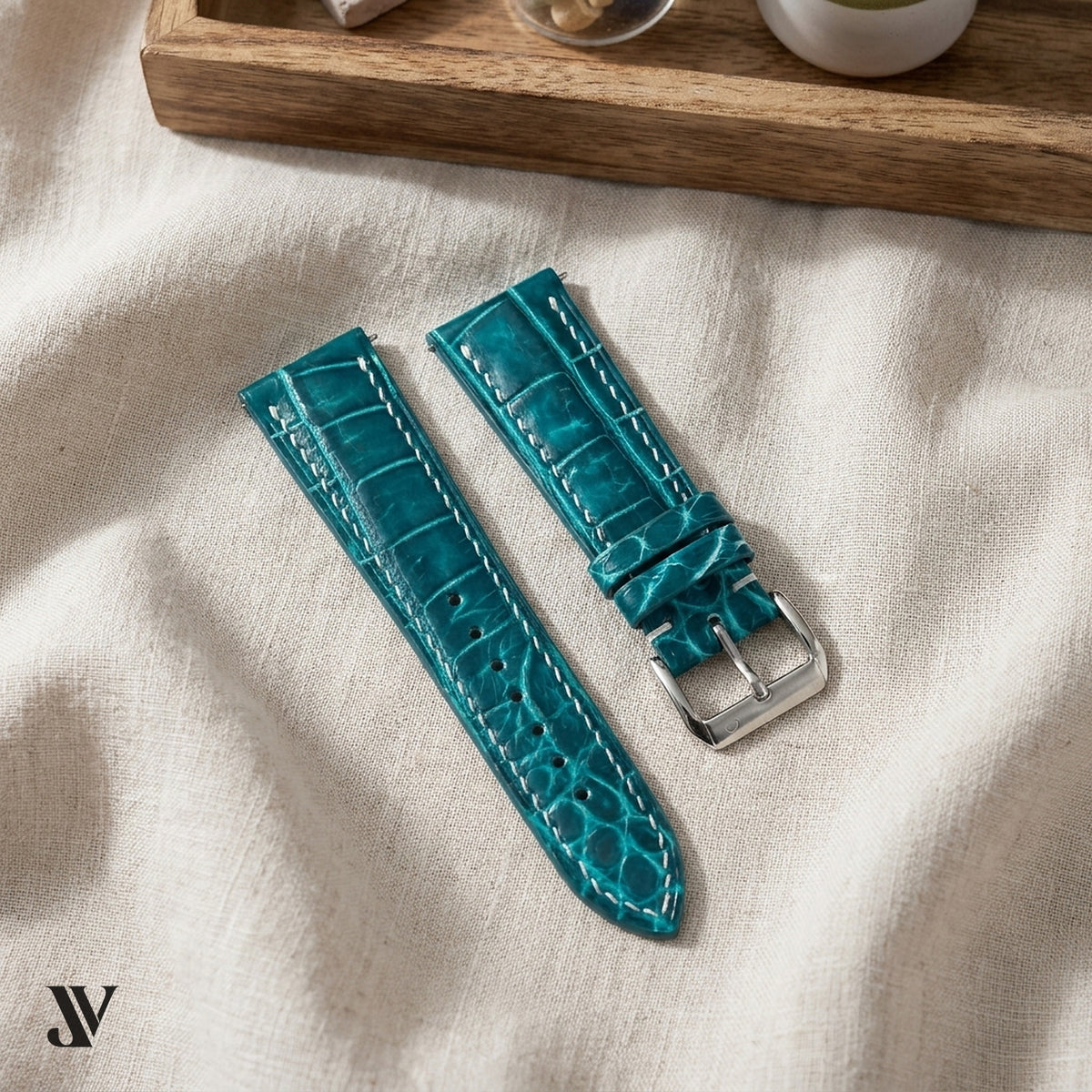Aqua Patina Alligator Leather Watch Strap — styled scene